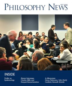 Cover of 2017-18 Philosophy News featuring a crowd in a lecture hall