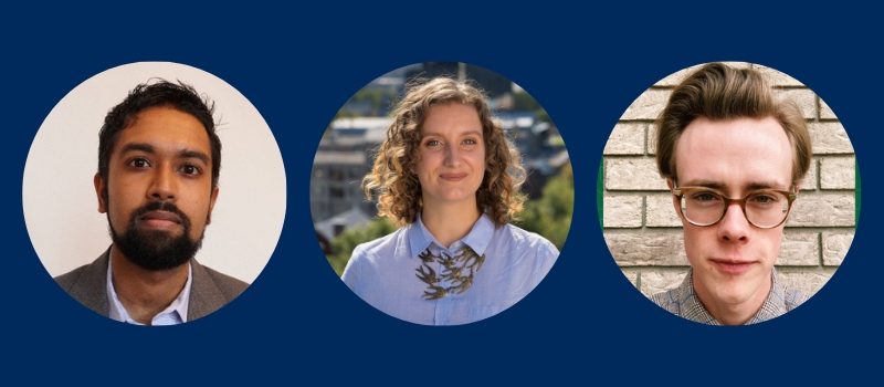 On a U of T blue background, headshots in circles of Manish Oza, Caitlin Hamblin-Yule, and Logan Ginther (left to right)