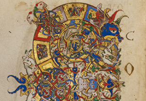 Medieval illuminated letter Cm in gold, red, and blue tones.