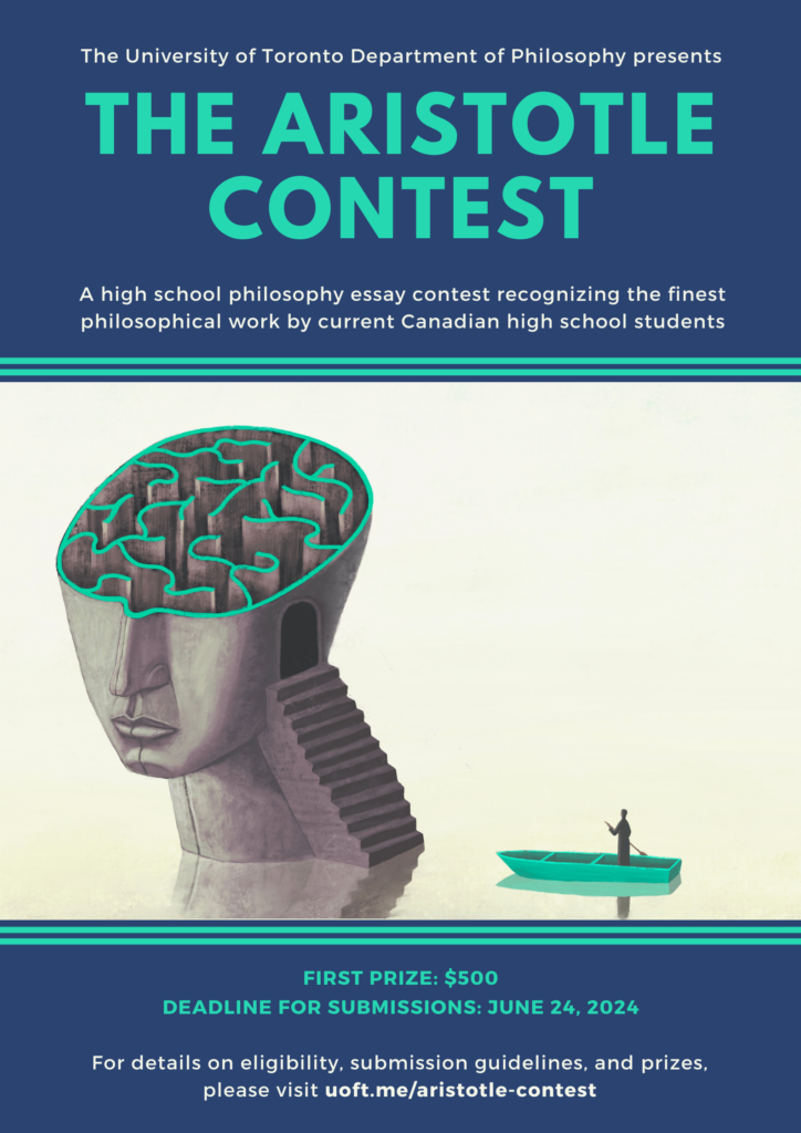 Aristotle Contest poster 2024 showing a drawing of a person in a turquoise rowboat moving toward a large gray head whose neck has stairs going up into a labyrinth where the brain would be.
