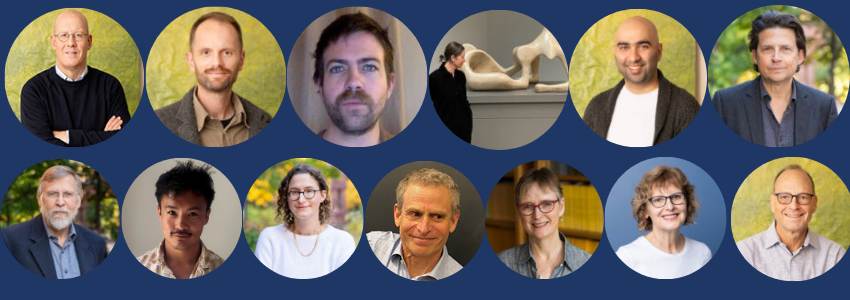 Photos of 13 faculty in circles against blue backdrop