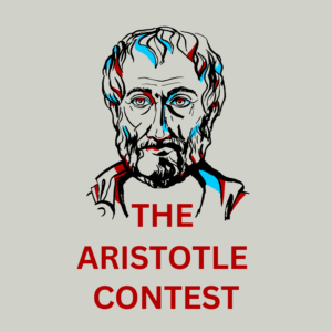 A modern line drawing of Aristotle, with the words "The Aristotle Contest" in dark red underneath