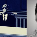 Dark blue-and-cream-colored illustration of a robot-human sitting in a courtroom, a hat on the desk in front of them, alongside a black-and-white headshot of Mark Kingwell