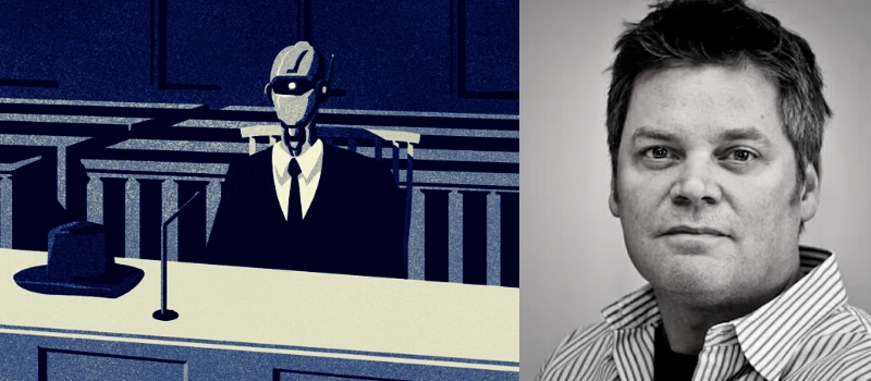 Dark blue-and-cream-colored illustration of a robot-human sitting in a courtroom, a hat on the desk in front of them, alongside a black-and-white headshot of Mark Kingwell