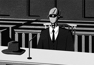 Black-and-white illustration of a robot-human sitting in a courtroom, a hat on the desk in front of them.