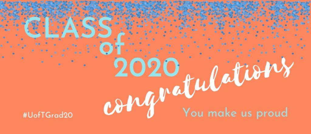 "Class of 2020, congratulations, you make us proud" on orange background with blue confetti