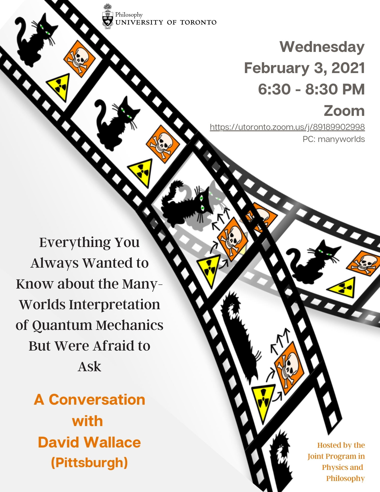 Event poster for David Wallace talk, featuring a split filmstrip displaying Schroedinger's Cat; all other information repeated in text