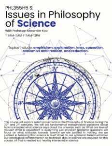 PHL355H5S Issues in Philosophy of Science: Topics include empiricism, explanation, laws, causation, realism vs anti-realism, and reduction.