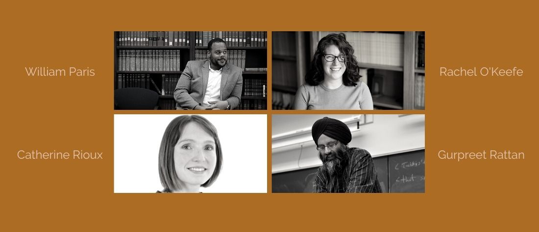 Profile images of William Paris, Rachel O'Keefe, Catherine Rioux, and Gurpreet Rattan on an ochre bacground