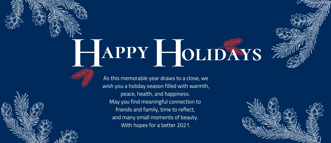 Happy Holidays and greetings on a U of T blue background with pine twigs in white