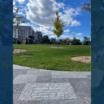 On a U of T background, three images of a memorial gingko tree and the accompanying paver on King's College Circle for Andre Gombay and Joseph Boyle