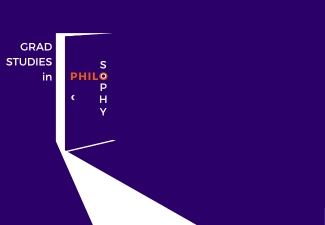 Dark purple illustration of a door slightly ajar to let some white light in, alongside the words, "Grad Studies in Philosophy" in white and orange.