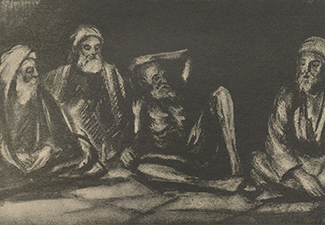Very dark etching of a skeletal man (Job) sitting with other bearded and turbaned men on the floor