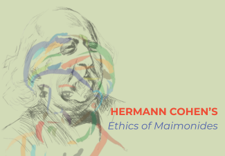 On a linden green background, a pencil illustration of Hermann Cohen's bust overlayed with a colorful line drawing of Maimonides's bust. To the right, the words in orange and blue, "Hermann Cohen's Ethics of Maimonides"