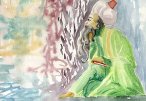 Water-color painting of a bearded man wearing a turban and a bright-green robe sitting under a tree and looking out into the distant landscape