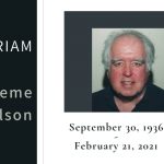 Head shot of Graeme Nicholson on a black-and-white background, with the words, "In memoriam, September 30, 1935 - February 21, 2021"