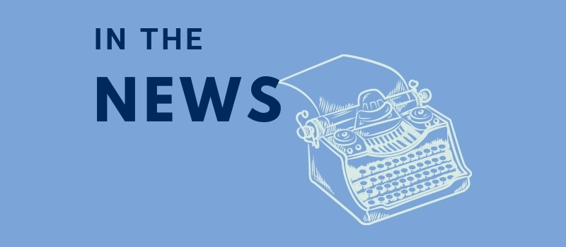"In the News" and an illustration of a typewriter on a U of T lightblue background