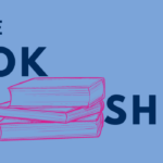 The words "On the bookshelf" on a blue background with a fuchsia illustration of a stack of books