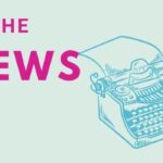 The words "In the News" in fuchsia on a mint-green background accompanied by an illustration of an old-fashioned typewriter in turquoise.