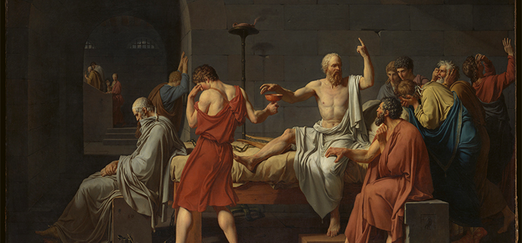 18th-century painting of Socrates pontificating on his death bed
