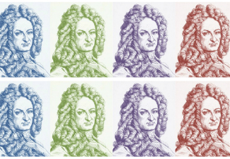 Multiples of Leibniz' face in different colours. (Warholesque).