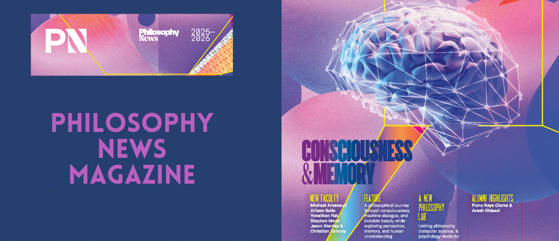 Pink and purple magazine cover with brain at top. Text in pink stating Philosophy New Magazine. Headline text includes Consciousness & Memory with more text underneath