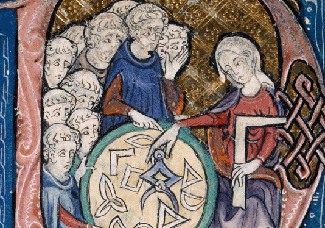 Woman holding forth on geometry to monks around a table