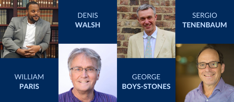 On a U of T blue background, with their respective names in powder blue, head shots of (from top left to bottom right): William Paris (a younger bearded black man sitting in front of a bookshelf), Denis Walsh (and older white man with gray hair, glasses, and wearing a purple shirt), George Boys-Stones (a middle-aged white man with gray hair and wearing a suit), and Sergio Tenenbaum (an older, smiling man with short brown hair and glasses, wearing a blue button-down shirt).