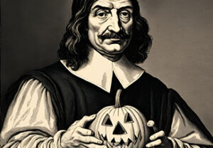Engraving of R. Descartes holding a carved pumpkin