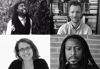 Four black-and-white headshots, each taking up one quarter of the space, of, clockwise from top left, Biko Mandela Gray, Ryan J. Johnson, Rinaldo Walcott, Rebecca Comay.