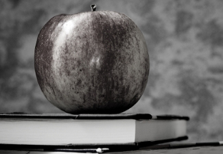 Black-and-white image of an apple on a stack of books