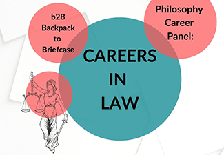 Careers in Law event poster showing colorful circles and Lady Justice