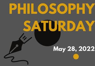 The words Philosophy Saturday on a gray background with a stylized fountain pen drawing a line