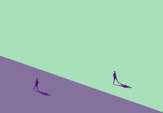Drawing of two figures walking in opposite directions on different-colored backgrounds, one lavender, one mint.