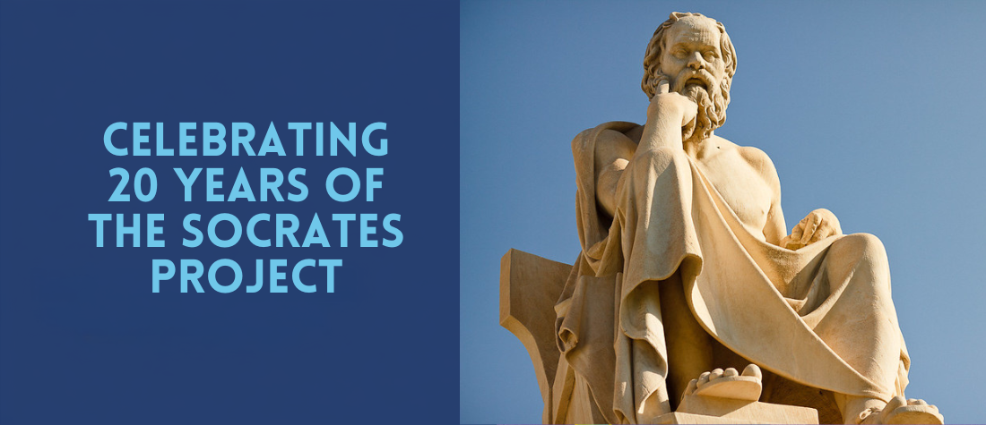 Socrates Project 4 On the right is a statue of a seated man with hand under his face. On left is a blue background with text stating Celebrating 20 years of the Socrates Project