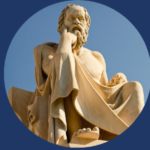 In the centre is a statue of Socrates thinking, surrounded by a blue background with text on the left stating Celebrating 20 Years and on the right it states The Socrates Project