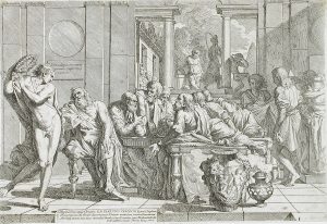 Plato and others attend a symposium (drawing etched on paper).