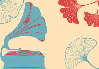 On a pastel beige background, a blue and red gramophone and stylized ginko leaves