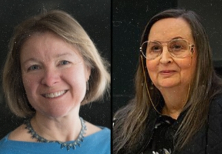 Side-by-side headshots of Amie Thomasson (l), a middle-aged white woman with blonde hair to her ears wearing a turquoise top and blue necklace, smiling; and Christine Korsgaard (r), an older, larger woman with long dark hair, large wireframe glasses, and wearing a black blouse.