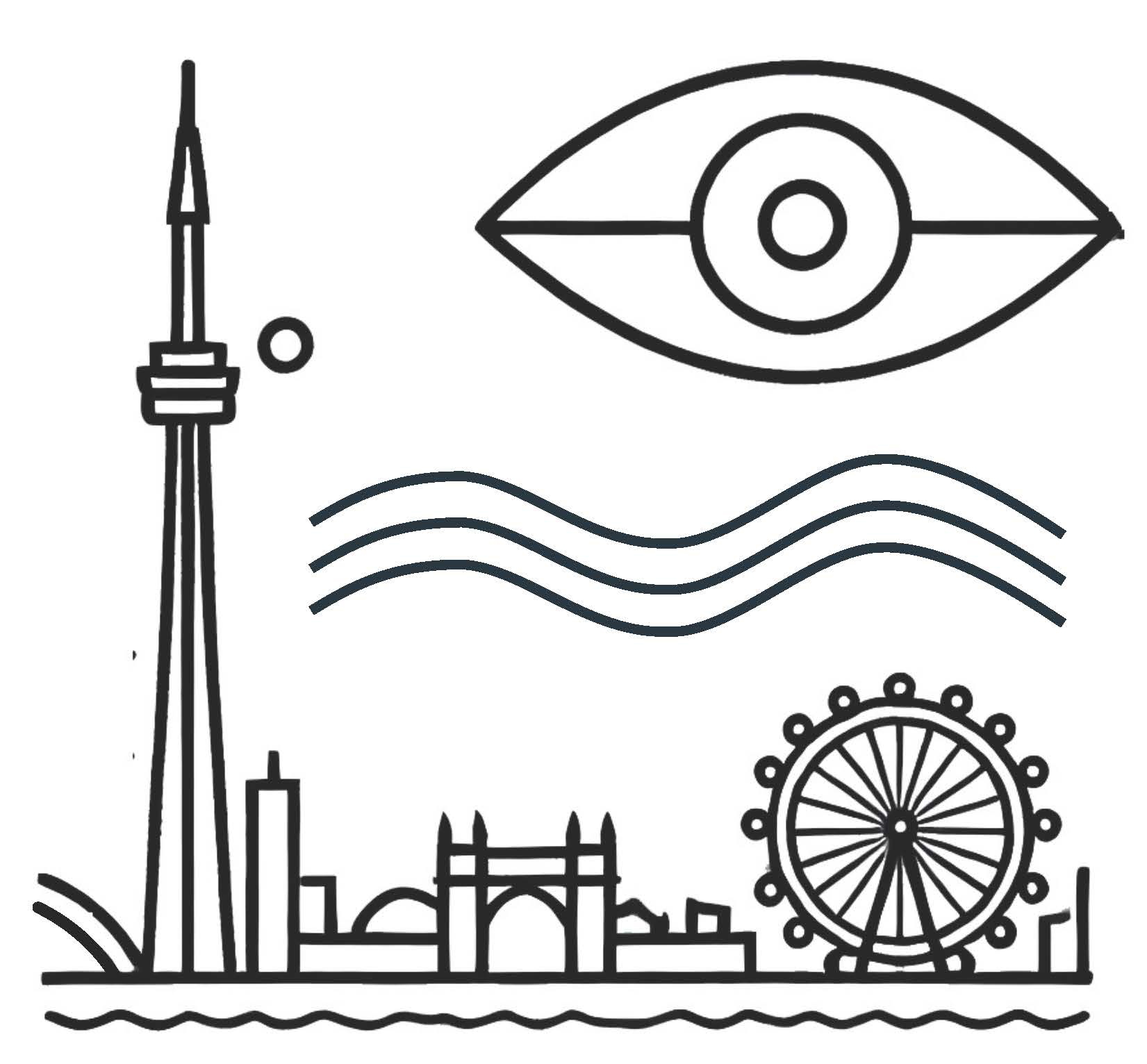 Drawing of typical landmarks of Toronto and London (England): CN Tower, Tower of London, a Ferris wheel, both alongside water, with a giant eye above them in the sky