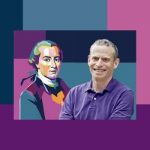 Colorful rendering of Kant side by side with photo of Arthur Riptein