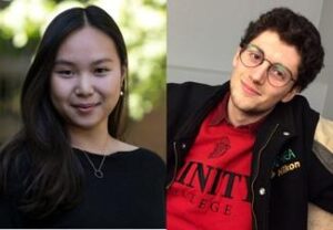 Head shots of Stacy Chen (l), an East Asian woman with long black hair wearing a black top, and Nate Oppel (r), a white man with brown curly hair and glasses wearing a red hoodie under a casual jacket.