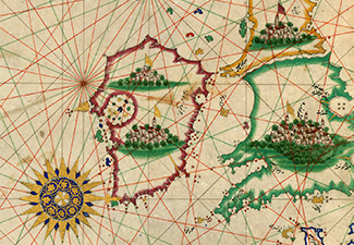 Colorful page of a maritime Ottoman atlas, detail of the Walters Deniz atlasi