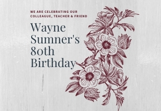 "Wayne Sumner's 80th Birthday" on a gray, textured background with rust-colored flowers and leaves