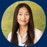 Headshot of Alice Huang, an East Asian woman with long black hair wearing a light-colored blouse and smiling slightly, in the middle of a U of T blue background, with her name surrounding her in bright green, the color that matches the backdrop in the headshot