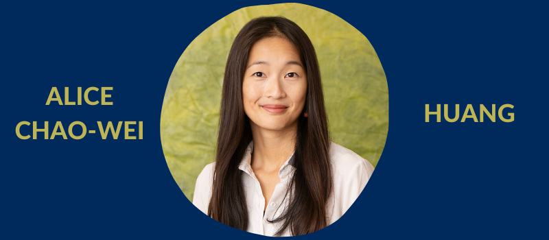 Headshot of Alice Huang, an East Asian woman with long black hair wearing a light-colored blouse and smiling slightly, in the middle of a U of T blue background, with her name surrounding her in bright green, the color that matches the backdrop in the headshot