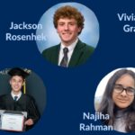 Headshots of Angela Li, Jackson Rosenhek, Vivianna Grade (top row), Shingo McCook, and Najiha Rahman (bottom row) on a U of T blue background, alongside their names and the words "Aristotle Contest 2024"