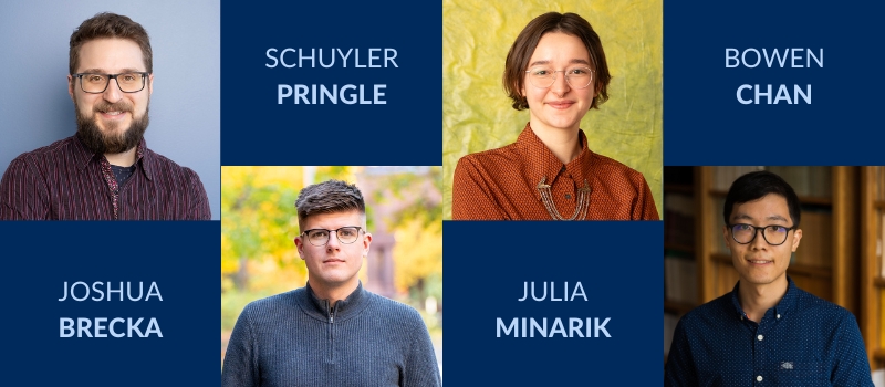 On a U of T blue grid, headshots of, from left to right, Joshua Brecka, Schuyler Pringle, Julia Minarik, and Bowen Chan, alongside their names in light blue.