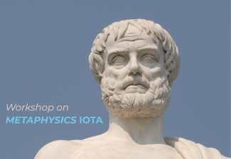 A white bust of Aristotle against a clear, blue sky, alongside the words "Workshop on Metaphysics Iota"