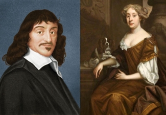Two painted portraits beside each other, to the left, René Descartes, to the right, Damaris Cudworth Masham